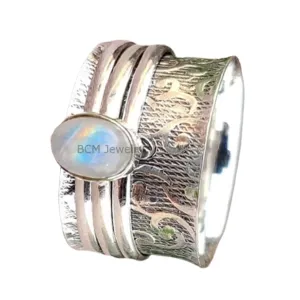 925 Sterling Silver Rainbow Moonstone Spinner Meditation Ring, Anxiety Ring For Men, Women & Girls, Worry, Thumb, Yoga Ring, handmade Ring, Christmas Gift (US Ring size 10)