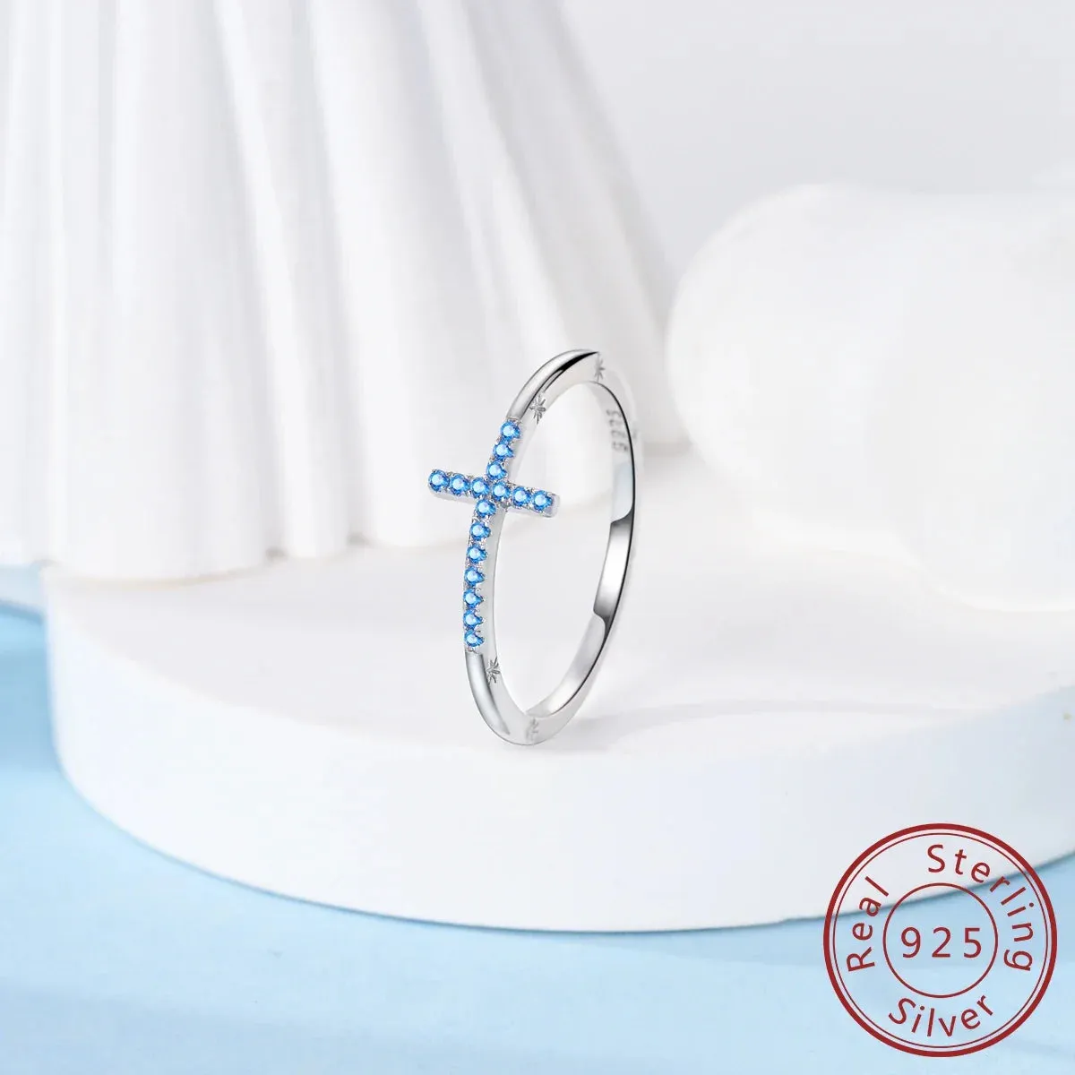 925 Sterling Silver Sea Blue Cross Ring Fashionable & Elegant For Women Parties Weddings & Anniversaries