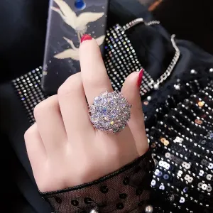925 Sterling Silver Shiny Full Diamond Ring Super Flash Cubic Zirconia Flower Shape Ring CZ Diamond Ring Personality Ring for Women (US Code 8)