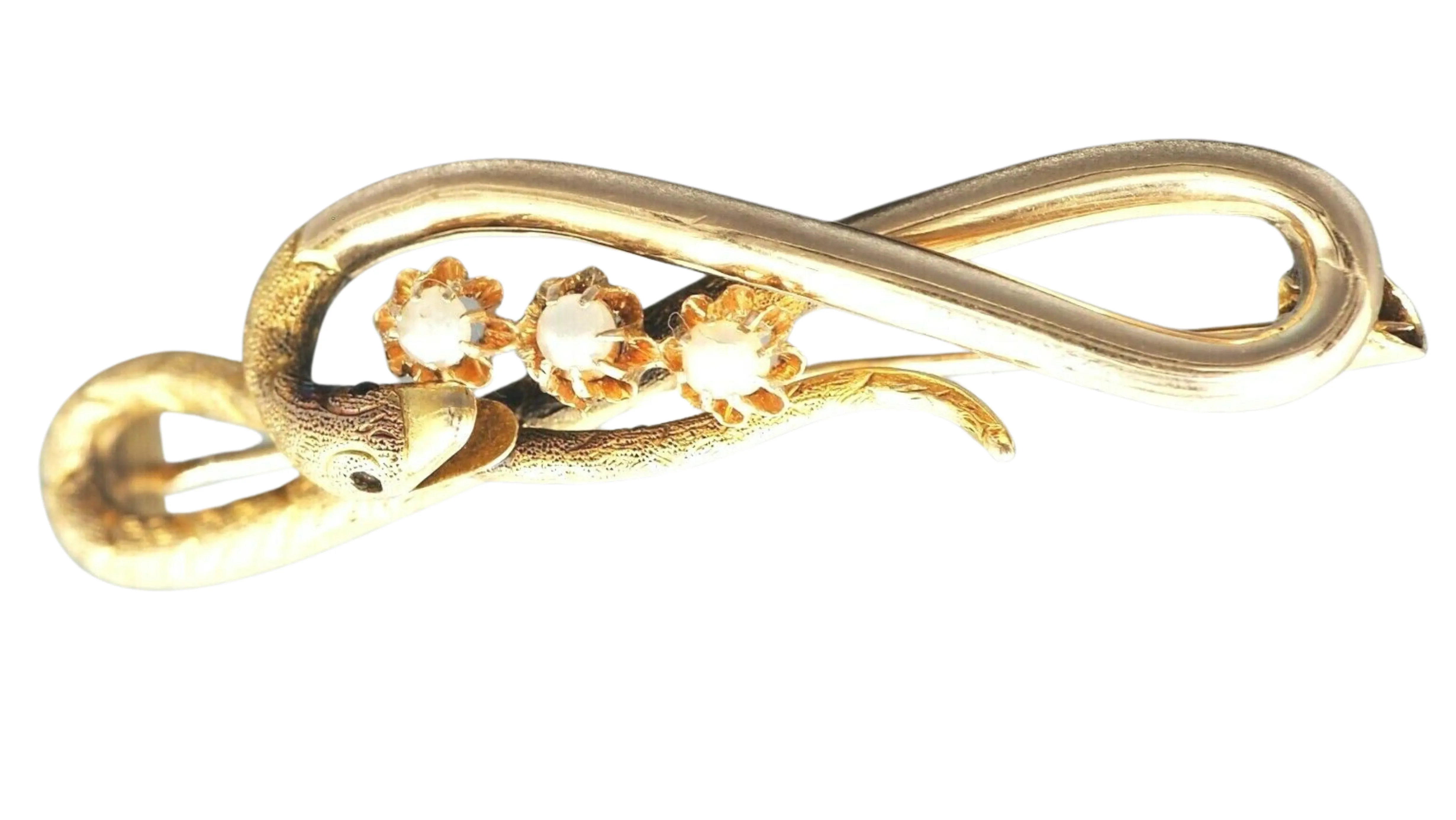 9ct Yellow Gold Pearl Snake Style Claw Set Brooch