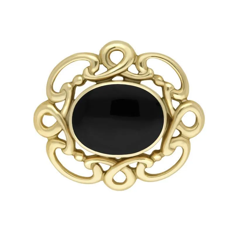 9ct Yellow Gold Whitby Jet Twisted Rope Edge Brooch