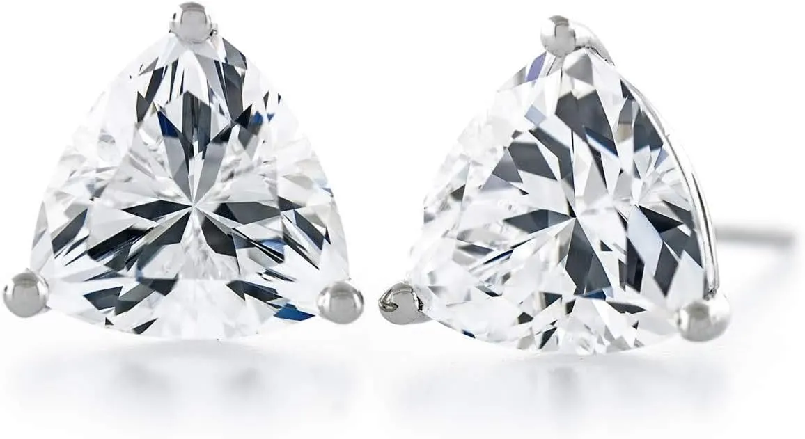 Acacia Collection Premium Quality Simulated Diamond CZ Martini 3 Prongs Sterling Silver Hypoallergenic Stud Earrings Trillion 2.00 Carat (ctw) Top Grade Cut 6.5x6.5mm Flat on Ear, Elegant, Sparkle!