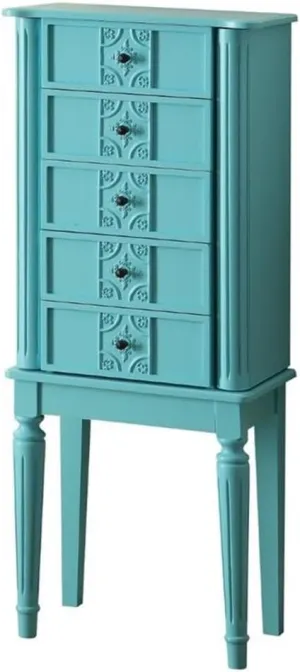 Acme Tammy Wooden 4-Drawer Jewelry Armoire with Lift Top Mirror in Light Blue