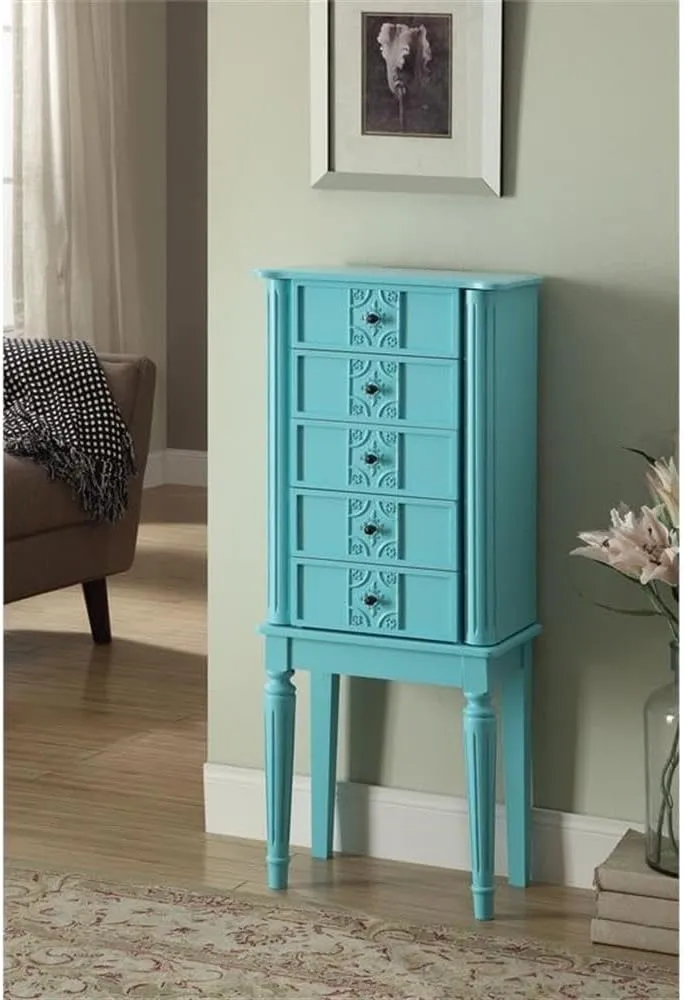 Acme Tammy Wooden 4-Drawer Jewelry Armoire with Lift Top Mirror in Light Blue