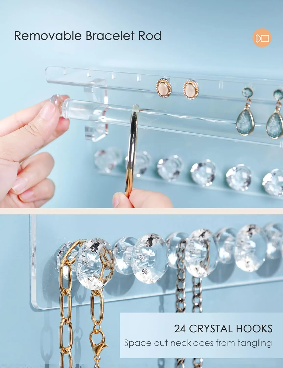 Acrylic Hanging Jewelry Organizer Wall Mounted Necklace Holder and Stud Earring Organizer with Floating Shelf and Bracelet Holder Rod for Women Girls (2 Pack)