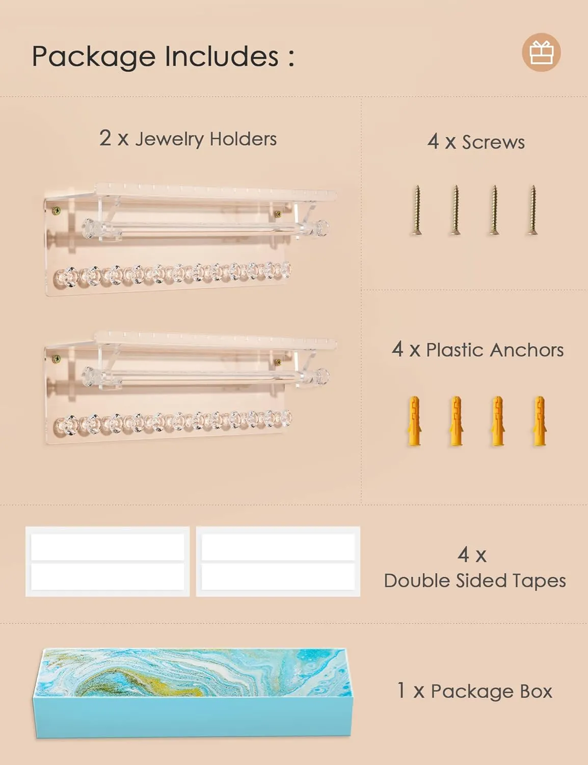 Acrylic Hanging Jewelry Organizer Wall Mounted Necklace Holder and Stud Earring Organizer with Floating Shelf and Bracelet Holder Rod for Women Girls (2 Pack)