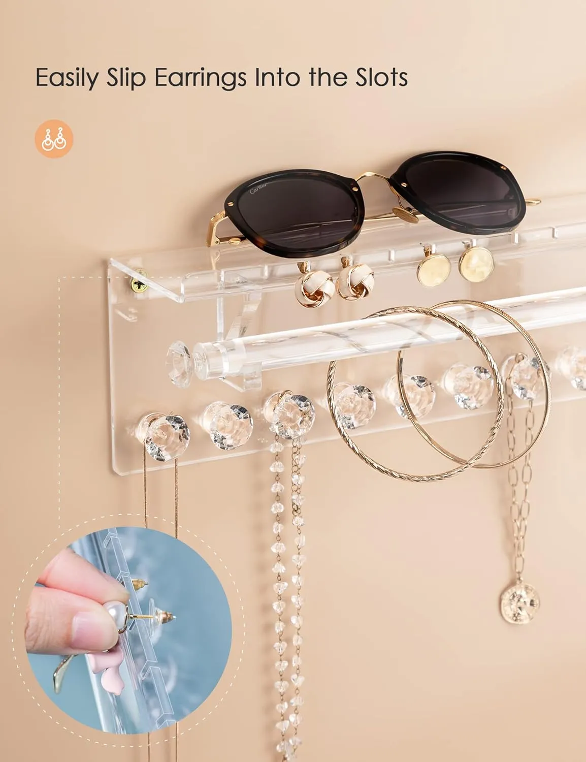 Acrylic Hanging Jewelry Organizer Wall Mounted Necklace Holder and Stud Earring Organizer with Floating Shelf and Bracelet Holder Rod for Women Girls (2 Pack)