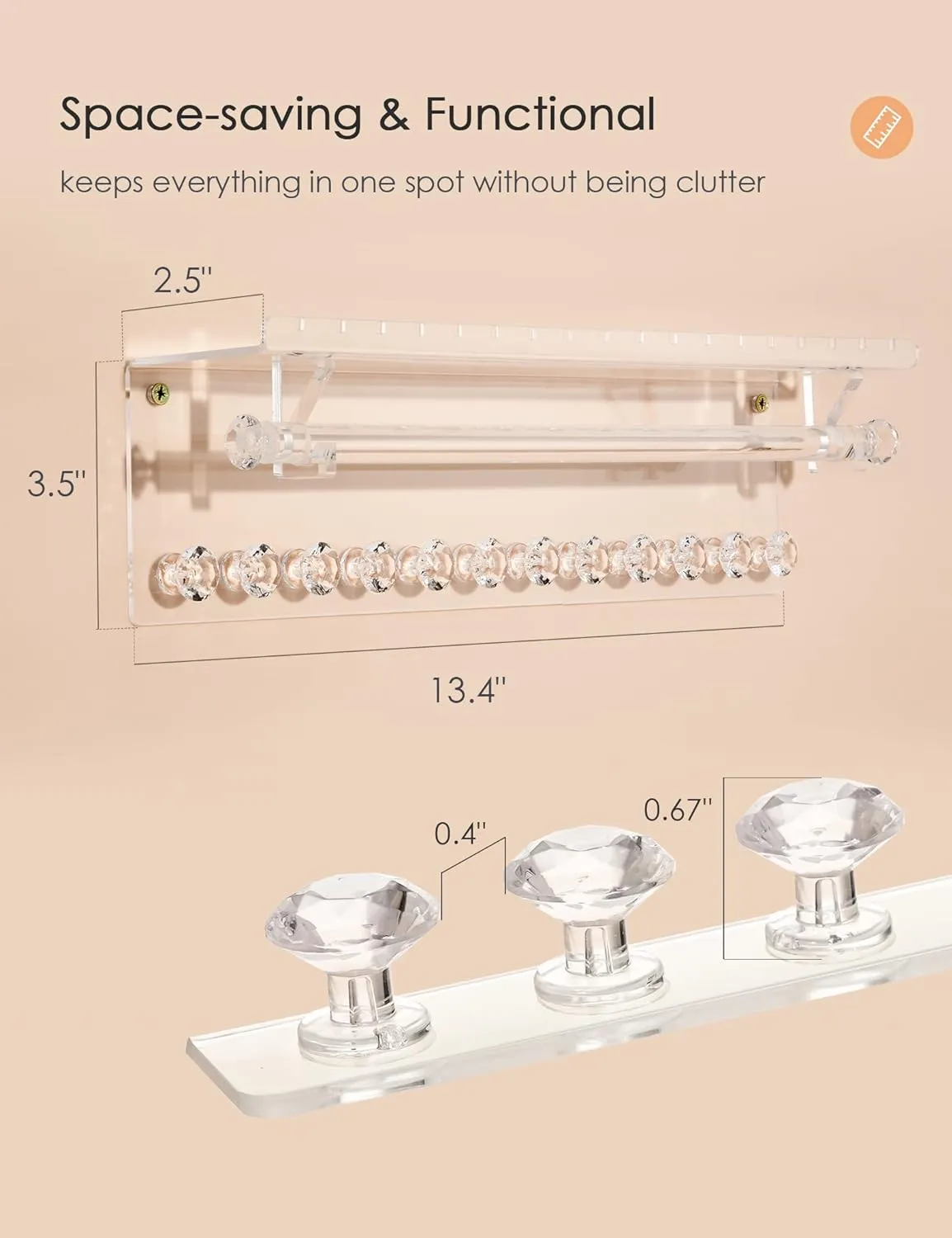 Acrylic Hanging Jewelry Organizer Wall Mounted Necklace Holder and Stud Earring Organizer with Floating Shelf and Bracelet Holder Rod for Women Girls (2 Pack)