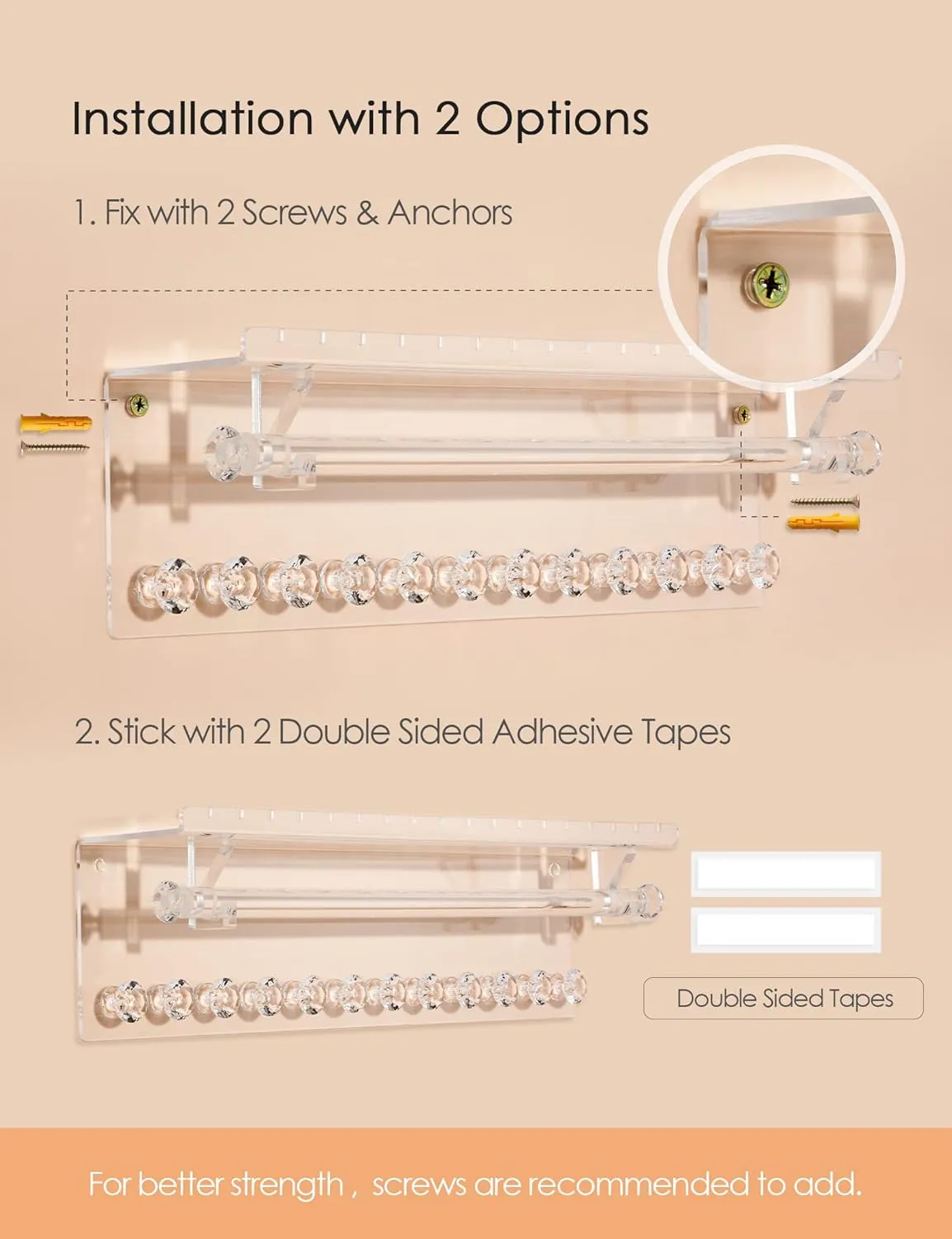 Acrylic Hanging Jewelry Organizer Wall Mounted Necklace Holder and Stud Earring Organizer with Floating Shelf and Bracelet Holder Rod for Women Girls (2 Pack)