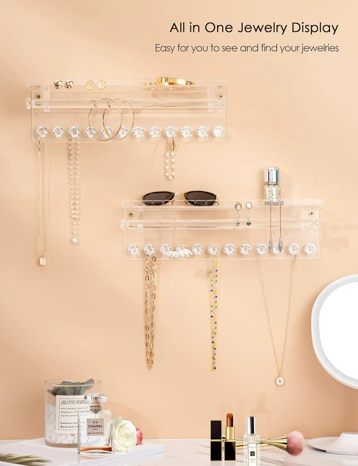 Acrylic Hanging Jewelry Organizer Wall Mounted Necklace Holder and Stud Earring Organizer with Floating Shelf and Bracelet Holder Rod for Women Girls (2 Pack)