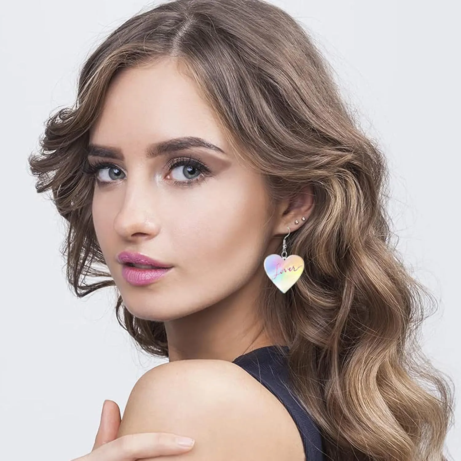 Acrylic Lover Heart Taylor Hook Earrings-Pink Rainbow Glitter Dangle Pendant-Barbie earrings for Women-Outfit Gifts Shiny 2025 Trendy Jewelry