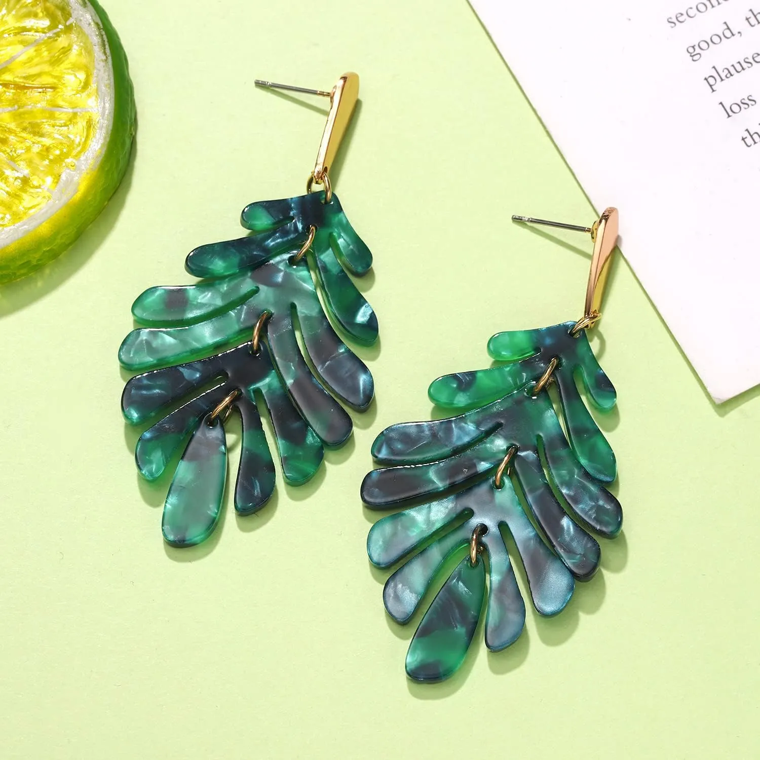 Acrylic Pendant necklace Earrings  Long Statement Leaf Charm Necklace Tortoise Resin Palm Leaf Earrings Fashion Necklaces Earrings for Women