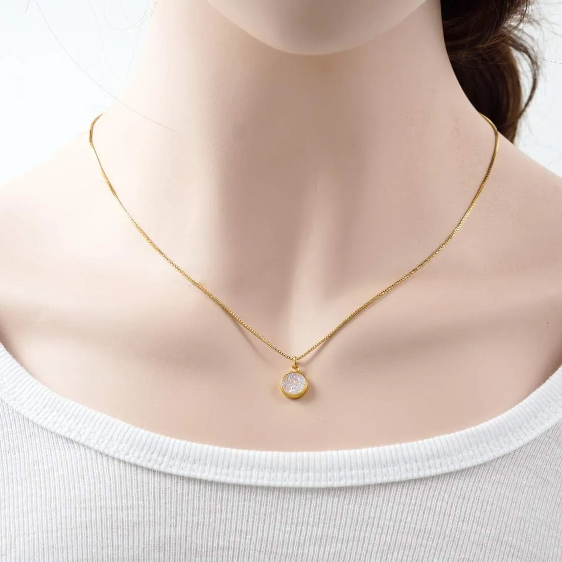 Adabele Natural Druzy Necklace Small Tiny Round Gemstone Pendant 18 inch Sparkly Agate Stone Crystal Women Jewelry Tarnish Resistant Stainless Steel/Gold Plated Chain