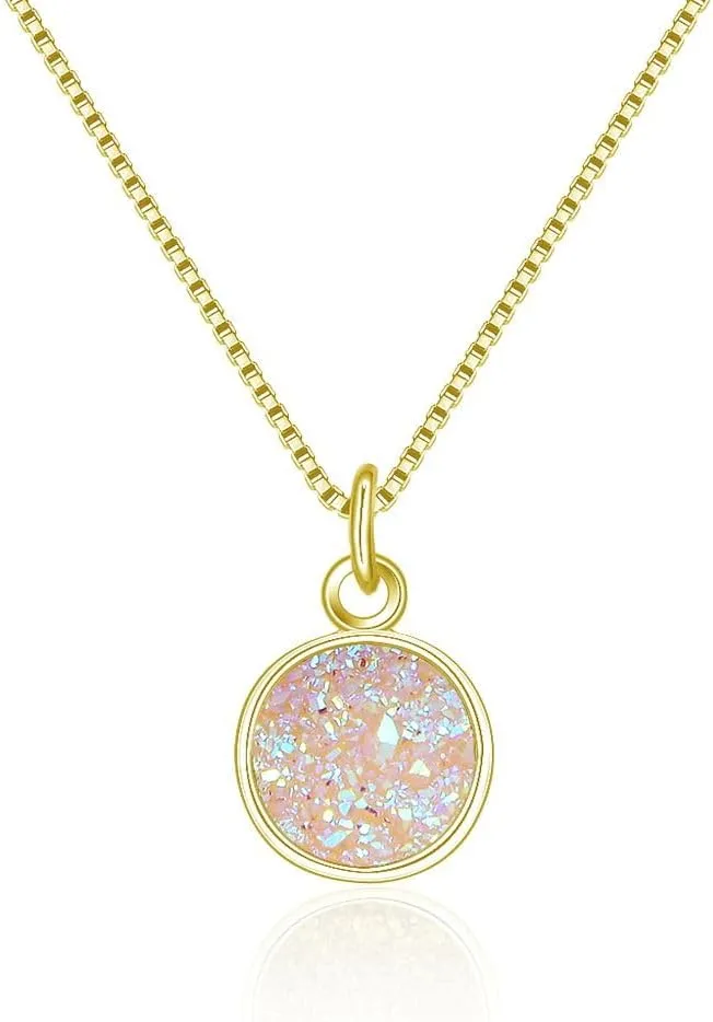 Adabele Natural Druzy Necklace Small Tiny Round Gemstone Pendant 18 inch Sparkly Agate Stone Crystal Women Jewelry Tarnish Resistant Stainless Steel/Gold Plated Chain