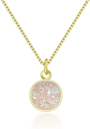 Adabele Natural Druzy Necklace Small Tiny Round Gemstone Pendant 18 inch Sparkly Agate Stone Crystal Women Jewelry Tarnish Resistant Stainless Steel/Gold Plated Chain