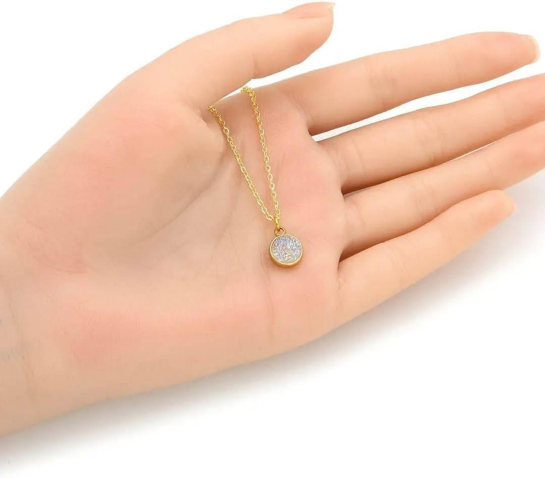 Adabele Natural Druzy Necklace Small Tiny Round Gemstone Pendant 18 inch Sparkly Agate Stone Crystal Women Jewelry Tarnish Resistant Stainless Steel/Gold Plated Chain