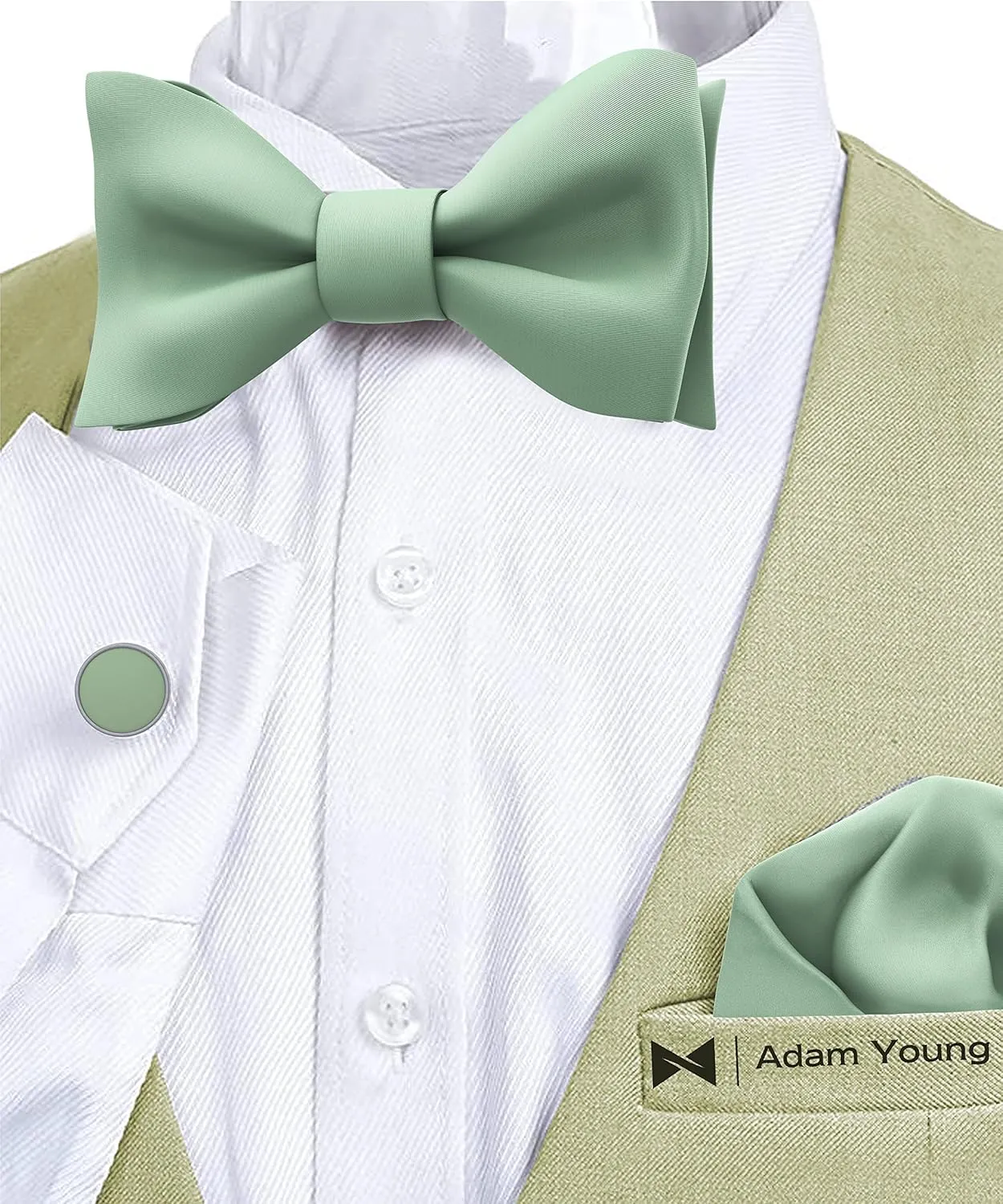 Adam Young Men's Self Tie Bow Tie Sets w/Pocket Squares & Cufflinks Sami-Glossy Satin Classy Bowtie for Tuxedo Faux Silk