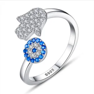 Adjustable Hamsa Sterling Silver Ring with Evil Eye for Protection - Unique Handcrafted Jewelry