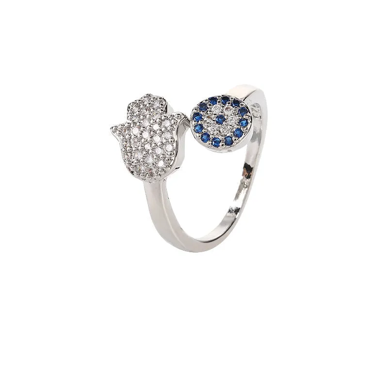 Adjustable Hamsa Sterling Silver Ring with Evil Eye for Protection - Unique Handcrafted Jewelry