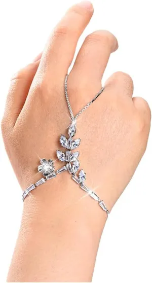 Adjustable Hand Chain Bracelet for Women,16K Hypoallergenic Finger Jewelry with Cubic Zirconia Butterfly Bow Charm,Secure Ball Clasp Customizable Fit for All Hand Sizes (Gold/Silver Tone)