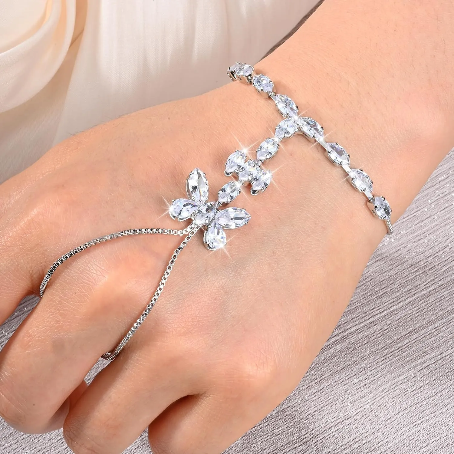 Adjustable Hand Chain Bracelet for Women,16K Hypoallergenic Finger Jewelry with Cubic Zirconia Butterfly Bow Charm,Secure Ball Clasp Customizable Fit for All Hand Sizes (Gold/Silver Tone)