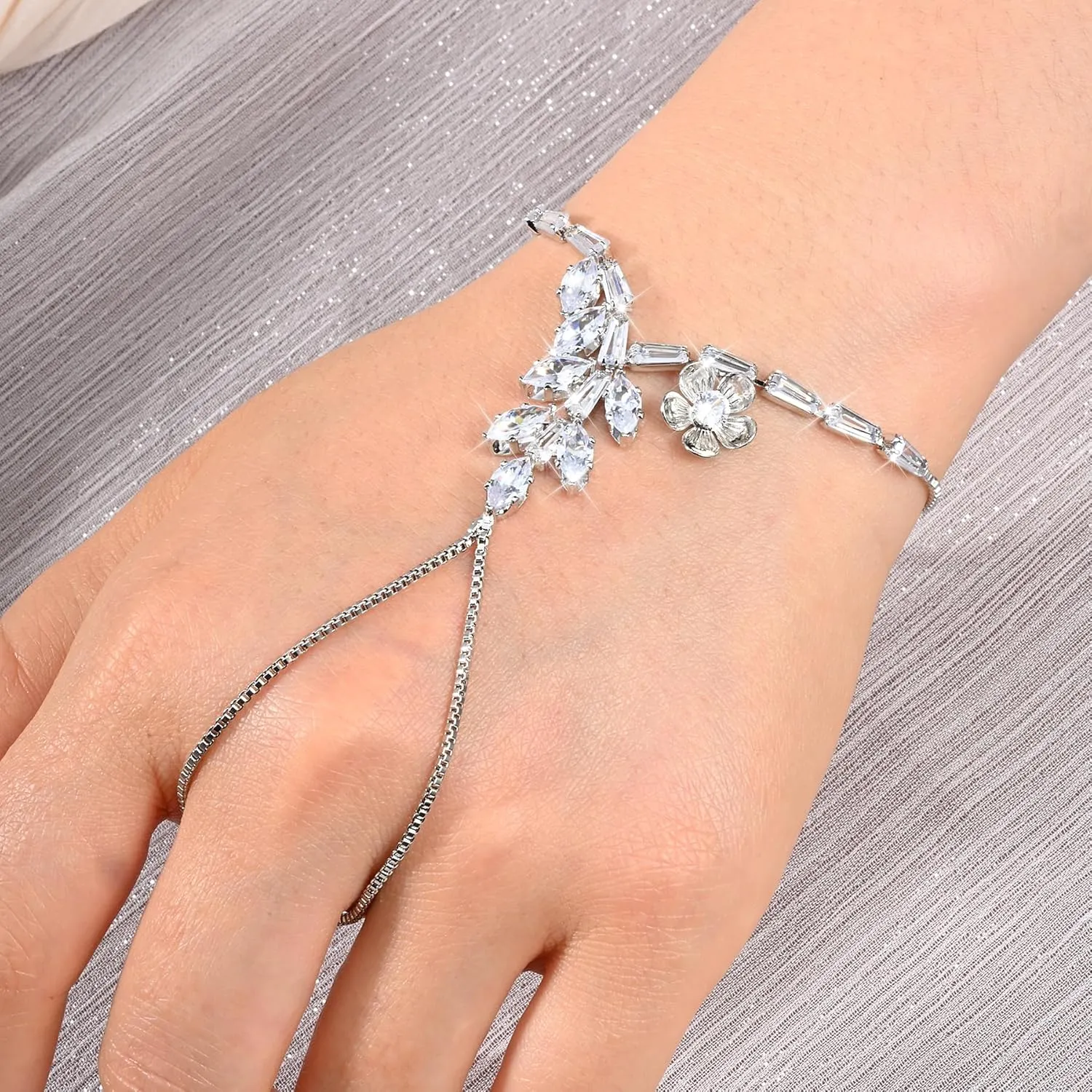 Adjustable Hand Chain Bracelet for Women,16K Hypoallergenic Finger Jewelry with Cubic Zirconia Butterfly Bow Charm,Secure Ball Clasp Customizable Fit for All Hand Sizes (Gold/Silver Tone)