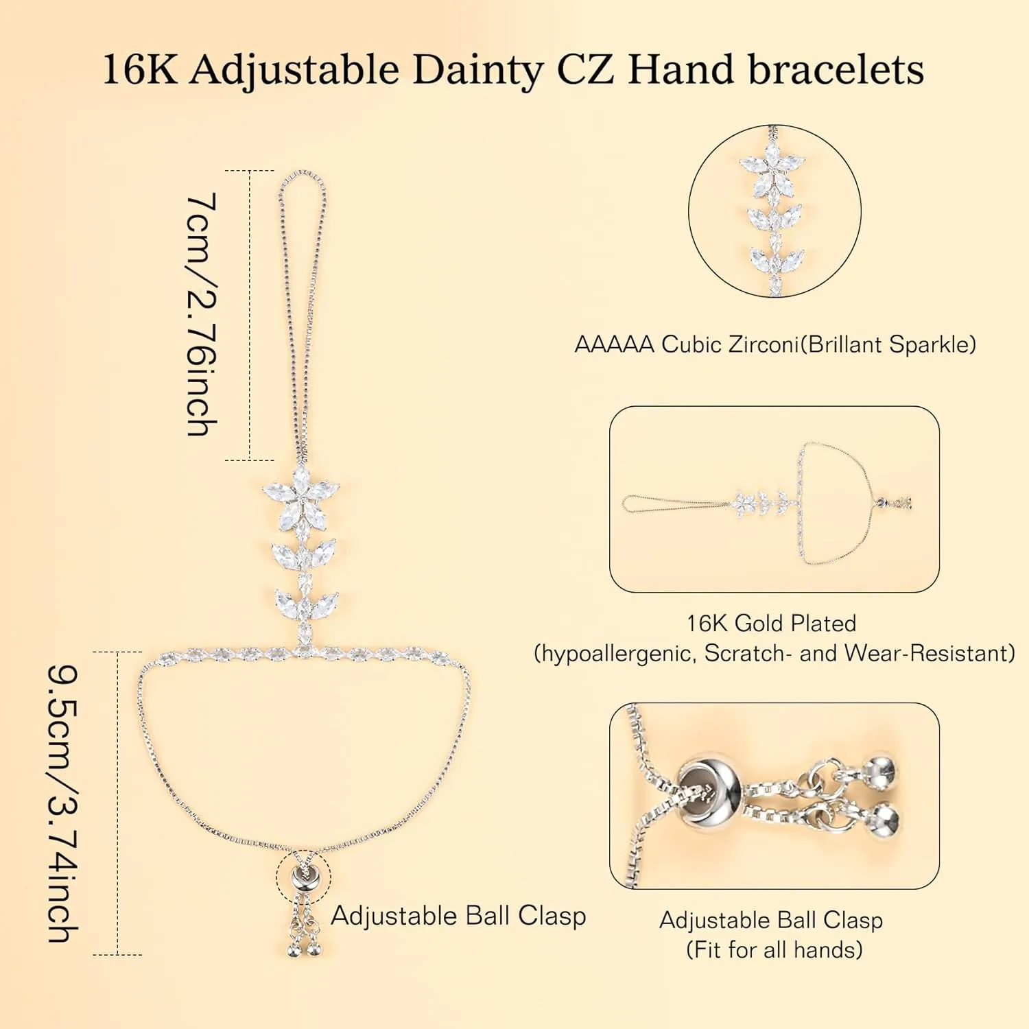 Adjustable Hand Chain Bracelet for Women,16K Hypoallergenic Finger Jewelry with Cubic Zirconia Butterfly Bow Charm,Secure Ball Clasp Customizable Fit for All Hand Sizes (Gold/Silver Tone)