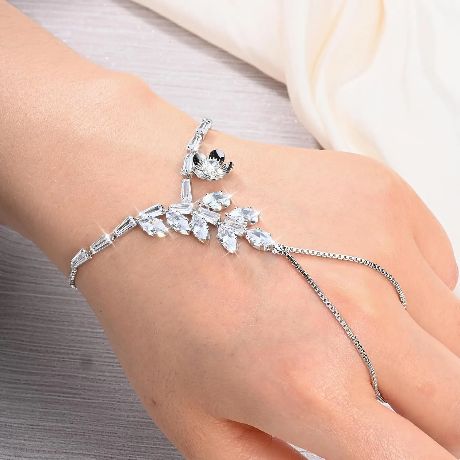 Adjustable Hand Chain Bracelet for Women,16K Hypoallergenic Finger Jewelry with Cubic Zirconia Butterfly Bow Charm,Secure Ball Clasp Customizable Fit for All Hand Sizes (Gold/Silver Tone)