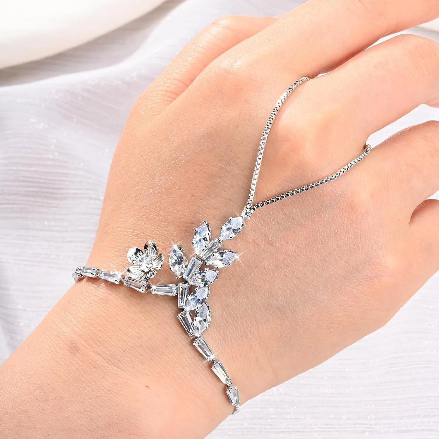Adjustable Hand Chain Bracelet for Women,16K Hypoallergenic Finger Jewelry with Cubic Zirconia Butterfly Bow Charm,Secure Ball Clasp Customizable Fit for All Hand Sizes (Gold/Silver Tone)