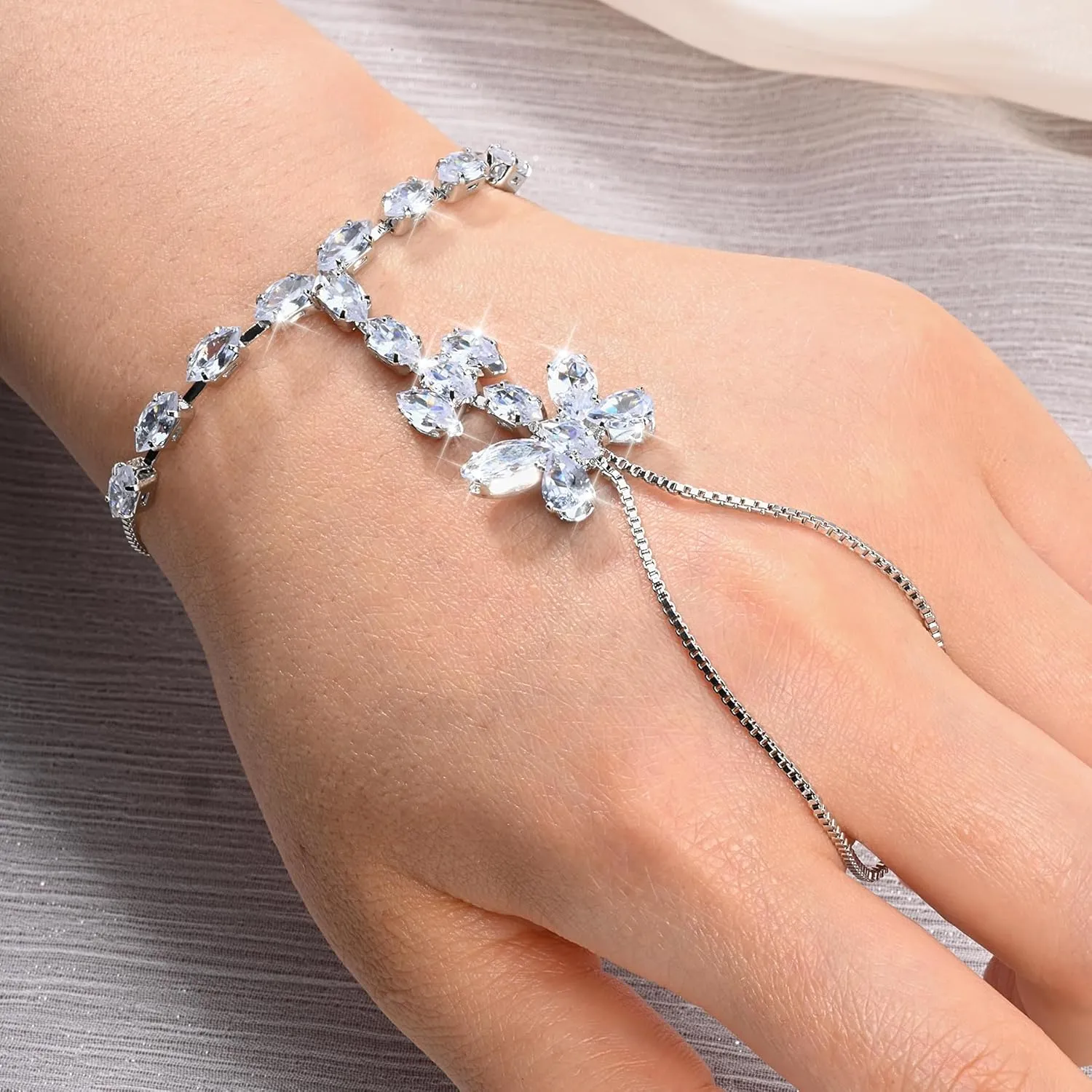 Adjustable Hand Chain Bracelet for Women,16K Hypoallergenic Finger Jewelry with Cubic Zirconia Butterfly Bow Charm,Secure Ball Clasp Customizable Fit for All Hand Sizes (Gold/Silver Tone)