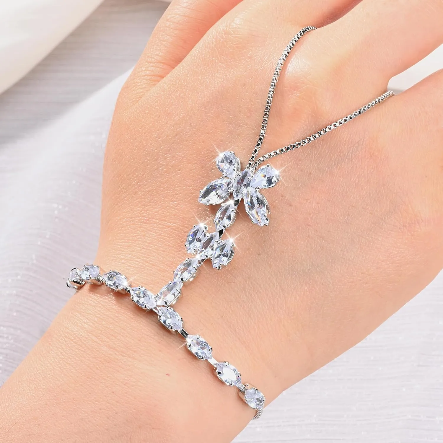 Adjustable Hand Chain Bracelet for Women,16K Hypoallergenic Finger Jewelry with Cubic Zirconia Butterfly Bow Charm,Secure Ball Clasp Customizable Fit for All Hand Sizes (Gold/Silver Tone)