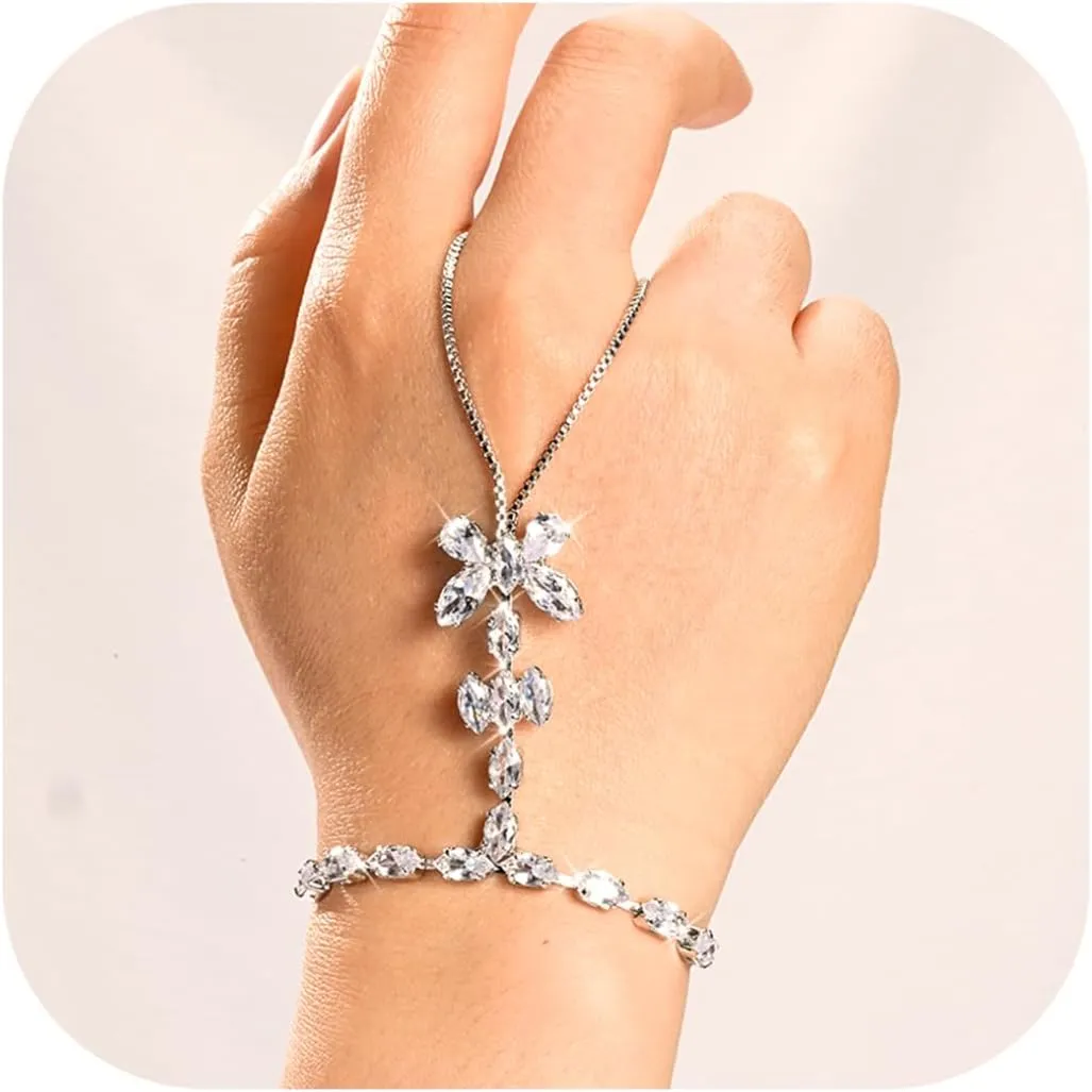 Adjustable Hand Chain Bracelet for Women,16K Hypoallergenic Finger Jewelry with Cubic Zirconia Butterfly Bow Charm,Secure Ball Clasp Customizable Fit for All Hand Sizes (Gold/Silver Tone)