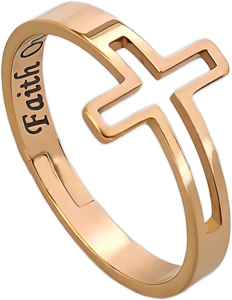 Adjustable Love Hope Faith Cross Rings for Women | Faith Over Fear Rings | Stainless Steel Religious Bands Remind Pray to God | Ring Box