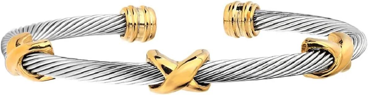 Adjustable Twist Stainless Steel Cable Wire 14K Gold Plated Endless Cycle Charm Bracelets Friendship Open Bangle Wrist Cuff for Women Men