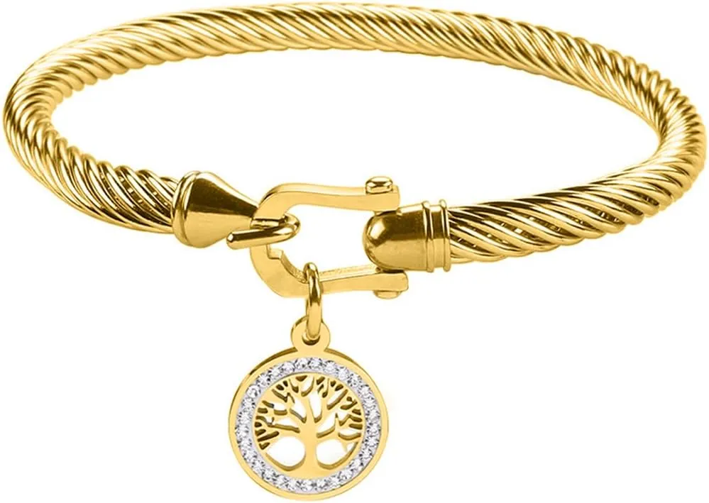 Adjustable Twist Stainless Steel Cable Wire 14K Gold Plated Tree of Life Pendant Charm Bracelets Friendship Open Bangle Wrist Cuff for Women