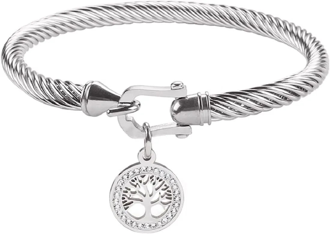 Adjustable Twist Stainless Steel Cable Wire Silver Tree of Life Pendant Charm Bracelets Friendship Open Bangle Wrist Cuff for Women