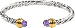 Adjustable Twisted Stainless Steel Cable Wire Purple Rhinestone 14K Gold Plated Ring Charm Bracelets Friendship Open Bangle Wrist Cuff for Women Men