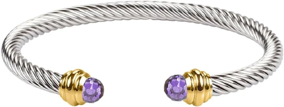 Adjustable Twisted Stainless Steel Cable Wire Purple Rhinestone 14K Gold Plated Ring Charm Bracelets Friendship Open Bangle Wrist Cuff for Women Men