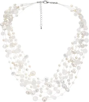 AeraVida Classy & Elegant Multi-Strand Cultured freshwater White Pearls with Reconstructed Agate Stone on Silk Thread Layered Necklace for Wedding Fashion Accessories with a Vintage Vibe