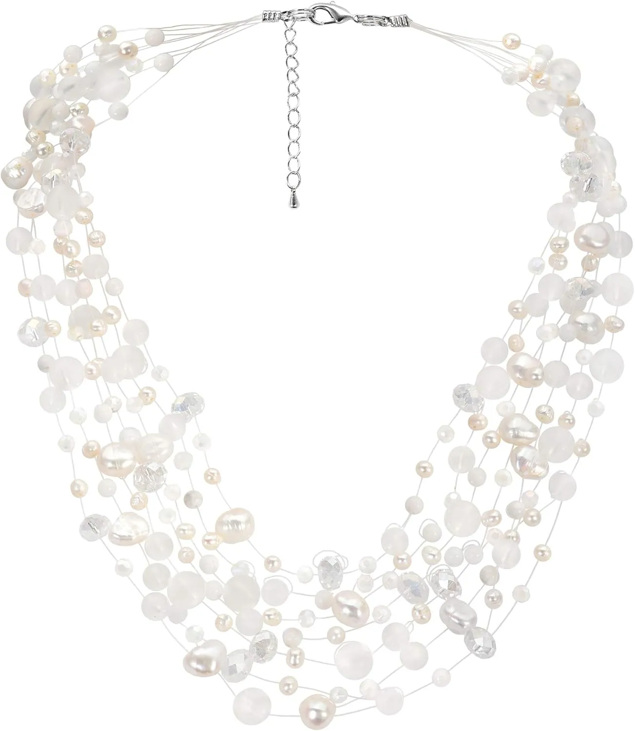 AeraVida Classy & Elegant Multi-Strand Cultured freshwater White Pearls with Reconstructed Agate Stone on Silk Thread Layered Necklace for Wedding Fashion Accessories with a Vintage Vibe