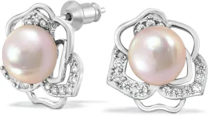 AeraVida Glowing Cubic Zirconia Vintage Round Pink Cultured Freshwater Pearl .925 Sterling Silver Stud Earrings | Elegant Sterling Silver Stud Earring for women