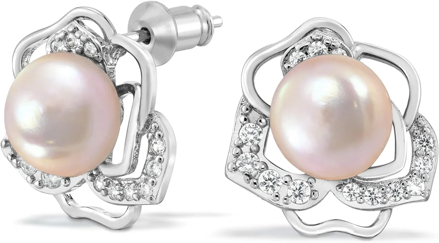AeraVida Glowing Cubic Zirconia Vintage Round Pink Cultured Freshwater Pearl .925 Sterling Silver Stud Earrings | Elegant Sterling Silver Stud Earring for women