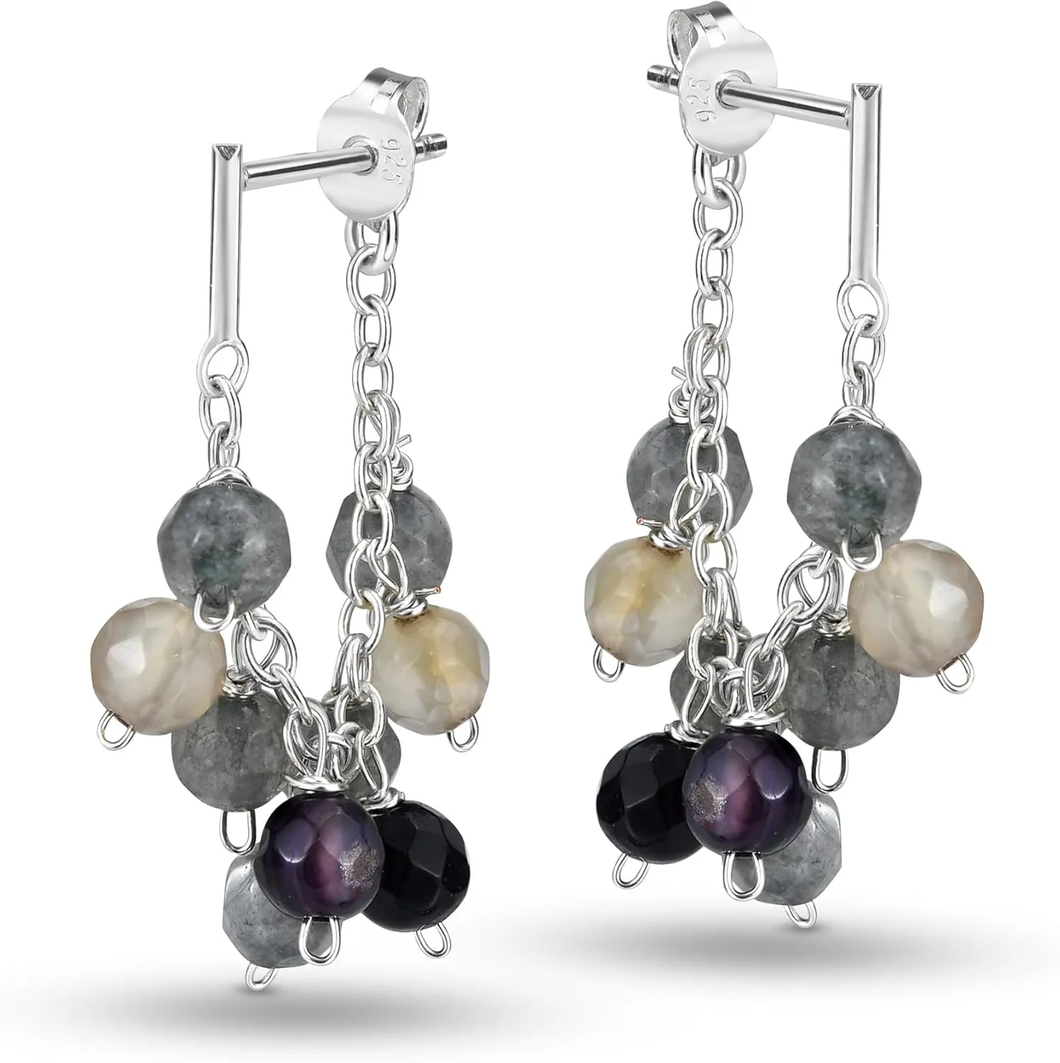 AeraVida Minimalist Gray Reconstructed Agate & Sterling Silver Chain Front-Back Earrings | Elegant Sterling Silver Stud Earring for Women | Gray Reconstructed Agate Earrings | Earrings for Women