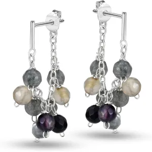 AeraVida Minimalist Gray Reconstructed Agate & Sterling Silver Chain Front-Back Earrings | Elegant Sterling Silver Stud Earring for Women | Gray Reconstructed Agate Earrings | Earrings for Women