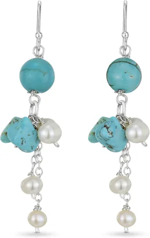 AeraVida Simulated Blue Turquoise and Cultured Freshwater Pearl Sterling Silver Dangle Earrings | Elegant Handmade Jewelry for Women | Gifts for Women | Statement Earrings