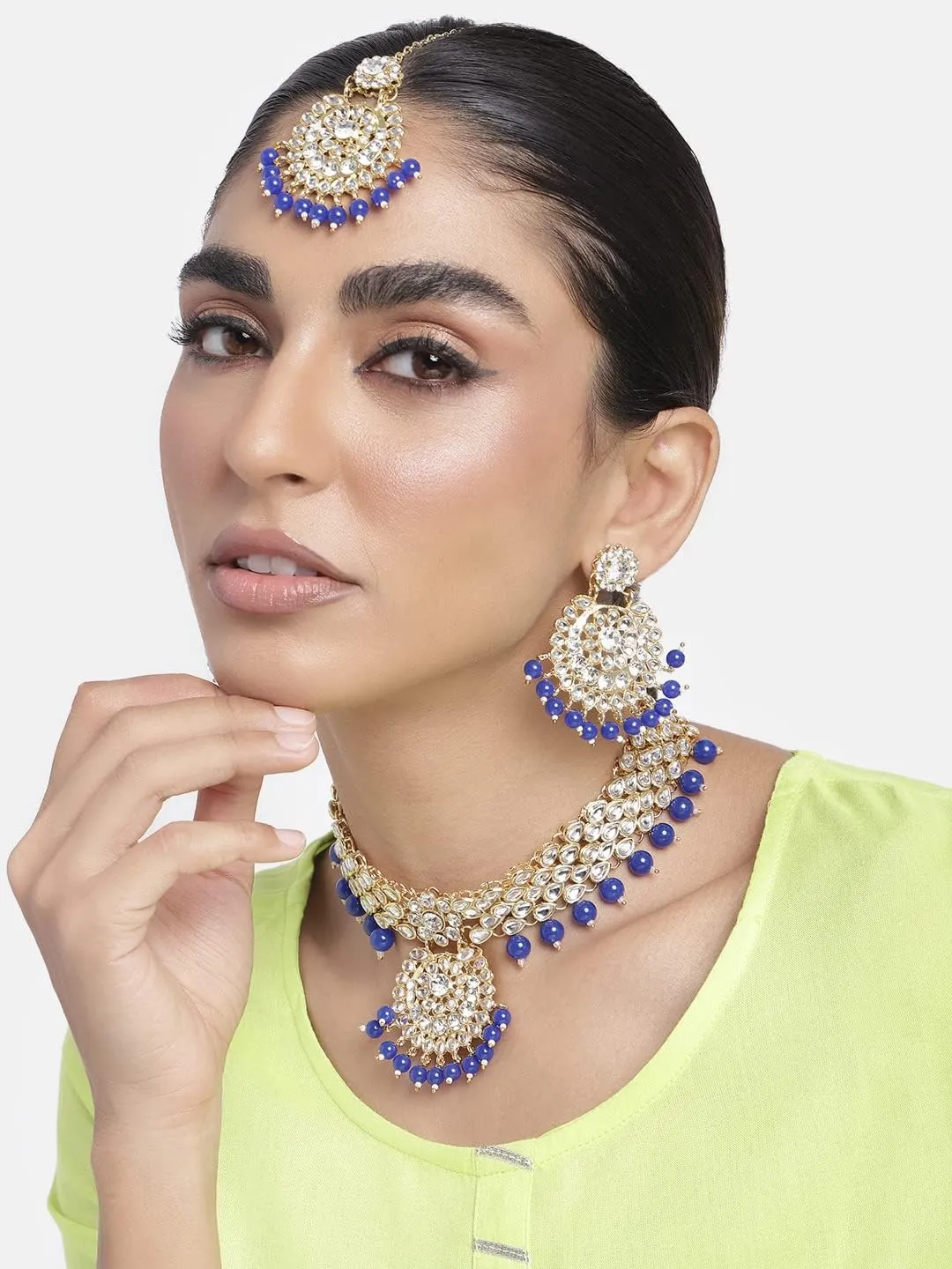 Aheli Elegant Wedding Party Wear Faux Kundan Studded Short Necklace Earrings with Maang Tikka Set Indian Ethnic Bollywood Fashion Jewelry Gift for Women