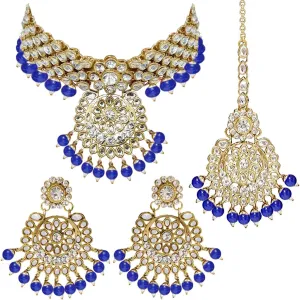 Aheli Elegant Wedding Party Wear Faux Kundan Studded Short Necklace Earrings with Maang Tikka Set Indian Ethnic Bollywood Fashion Jewelry Gift for Women