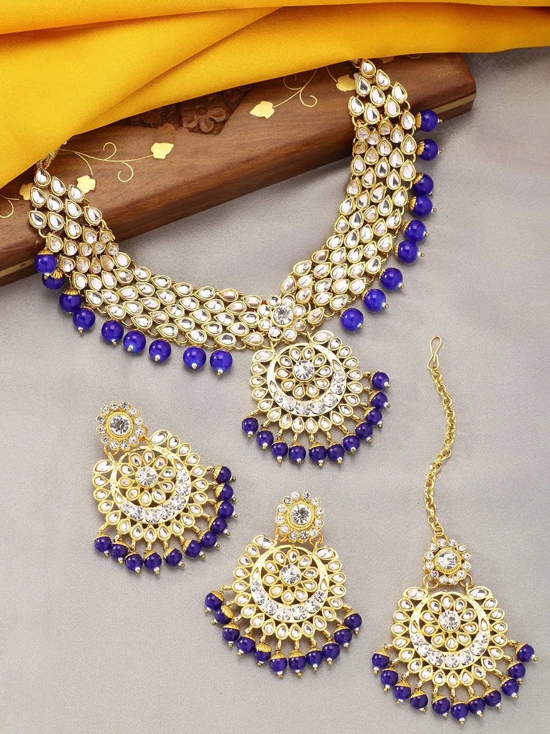 Aheli Elegant Wedding Party Wear Faux Kundan Studded Short Necklace Earrings with Maang Tikka Set Indian Ethnic Bollywood Fashion Jewelry Gift for Women