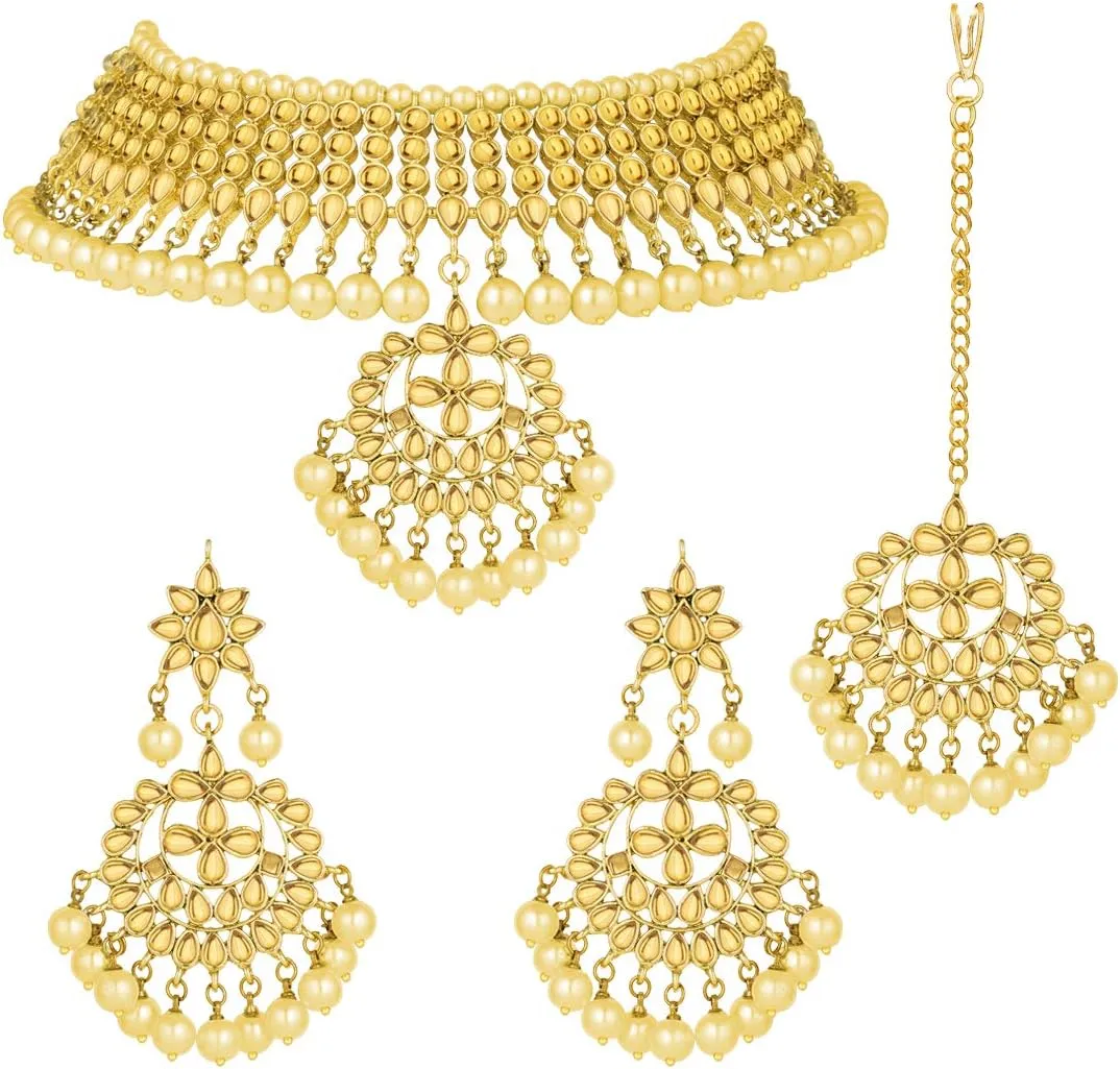 Aheli Indian Traditional Maang Tikka with Kundan Necklace Earrings Set Ethnic Wedding Party Designer Jewelry Gift for Women