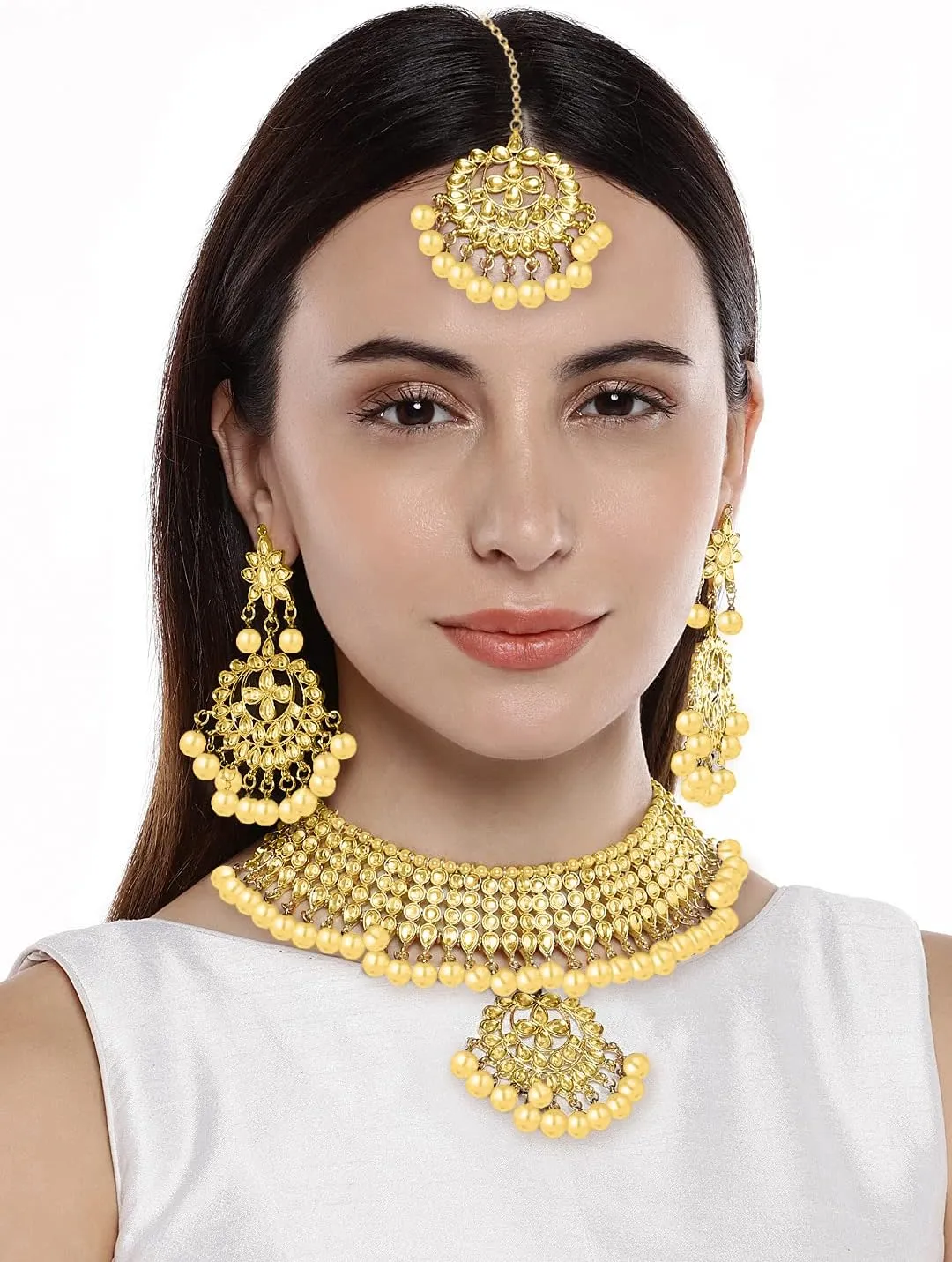 Aheli Indian Traditional Maang Tikka with Kundan Necklace Earrings Set Ethnic Wedding Party Designer Jewelry Gift for Women